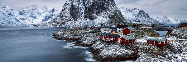 Góry, Domki, Śnieg, Norwegia, Morze