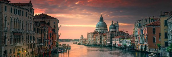 Canal Grande, Bazylika św. Marka, Kanał, Zachód słońca, Wenecja, Włochy