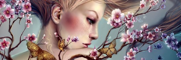 Kobieta, Motyle, Kwiaty, Fantasy