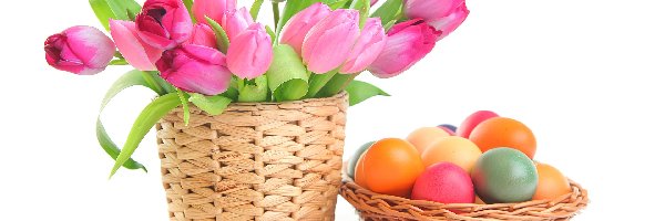 Koszyk, Różowe, Tulipany, Pisanki, Wielkanoc, Kompozycja
