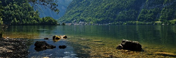 Kamienie, Jezioro Hallstättersee, Góry, Hallstatt, Austria, Las, Alpy