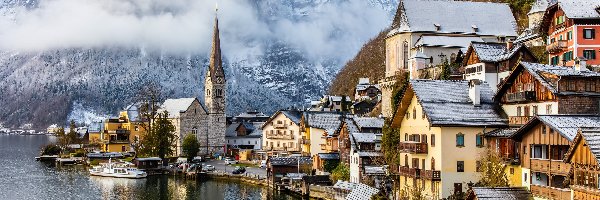 Jezioro, Domy, Góry, Zima, Hallstatt, Austria