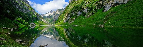 Odbicie, Kanton Appenzell Innerrhoden, Góry Alpy, Gmina Rute, Szwajcaria, Chmury, Jezioro Falensee