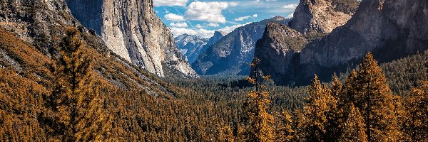 Chmury, Park Narodowy Yosemite, Dolina Yosemite Valley, Stan Kalifornia, Stany Zjednoczone, Drzewa, Góry