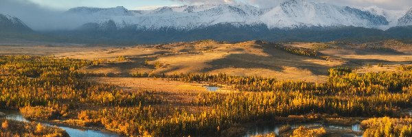Rezerwat Kurayskaya Step, Las, Rosja, Ałtaj, Jesień, Rzeka, Chmury, Góry Północnoczujskie
