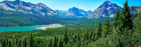 Jezioro Saint Mary Lake, Park Narodowy Glacier, Góry, Drzewa, Stan Montana, Stany Zjednoczone