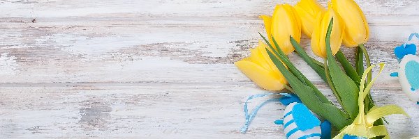 Wielkanoc, Tulipany, Pisanki, Żółte, Kwiat, Deski, Zawieszki