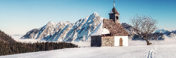 Zima, Góry, Drzewa, Kościół, Gmina Strobl, Austria