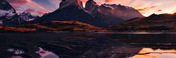 Słońca, Chmury, Zachód, Patagonia, Jezioro, Góry