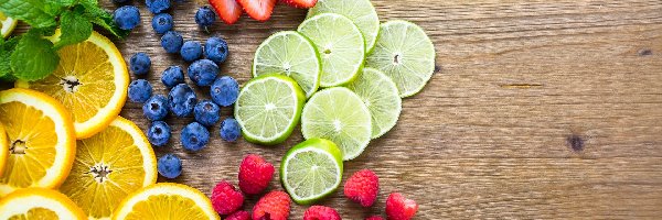 Borówki, Cytryny, Listki, Zielone, Limonki, Maliny, Truskawki, Owoce
