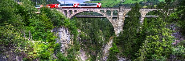 Pociąg, Kamienny, Wąwóz Schinschlucht, Most, Szwajcaria, Rzeka, Skały, Kanton Gryzonia, Drzewa, Łukowy, Solisbrucke