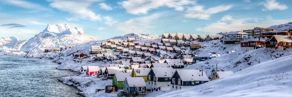 Domy, Miasto Nuuk, Zima, Góry, Cieśnina Davisa, Grenlandia