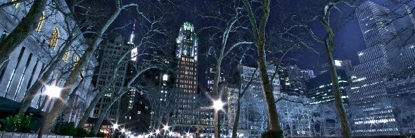 Zima, Miasto, Noc, Drzewa, Nowy Jork, Stany Zjednoczone