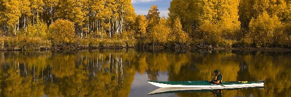 Jesień, Kajak, Jezioro, Odbicie, Brzozy