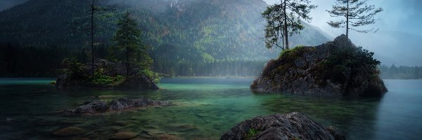 Drzewa, Góry Alpy, Jezioro Hintersee, Skały, Bawaria, Niemcy