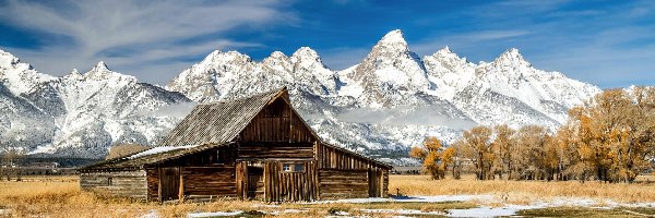 Śnieg, Chata, Stany Zjednoczone, Stan Wyoming, Góry Teton Range, Drzewa, Park Narodowy Grand Teton, Drewniana