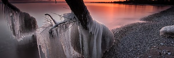 Zachód Słońca, Jezioro, Zima
