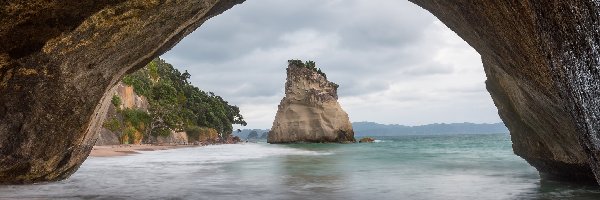 Nowa Zelandia, Morze, Skały, Jaskinia, Zatoka Cathedral Cove, Region Waikato, Półwysep Coromandel