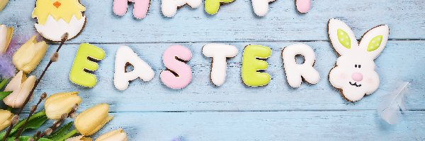 Wielkanoc, Kurczaczek, Zajączek, Ciastka, Tulipany, Happy Easter, Napis