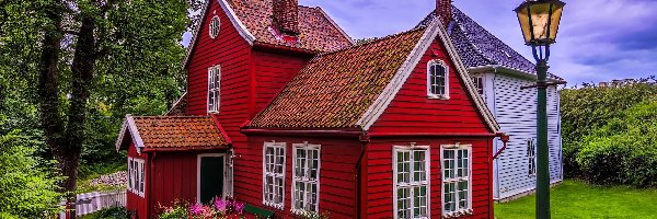 Dom, Czerwony, Skansen miejski, Bergen, Norwegia, Kwiaty, Latarnia, Old Bergen Museum - Bergen City Museum, Droga