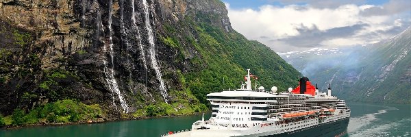 Norwegia, Statek Queen Mary 2, Fiord Sognefjord, Wodospad, Góry