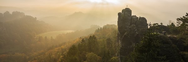 Mgła, Park Narodowy Saskiej Szwajcarii, Formacja skalna Bastei, Góry Połabskie, Niemcy, Drzewa, Skały