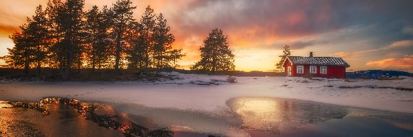 Drzewa, Zima, Jezioro, Norwegia, Ringerike, Zachód Słońca, Domek