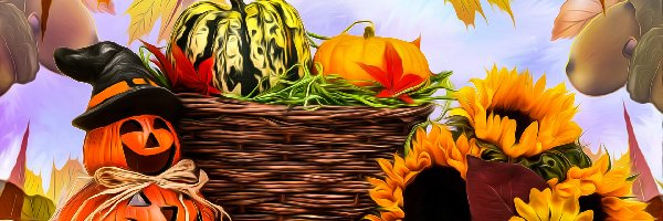 Kwiaty, Koszyk, Dynie, Słoneczniki, Liście, Halloween