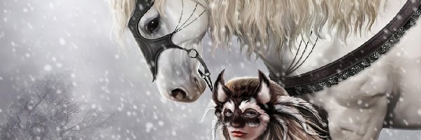 Dziewczyna, Śnieg, Maska, Koń