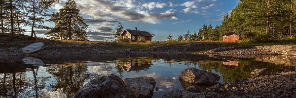 Kamienie, Jezioro Vaeleren, Drzewa, Ringerike, Norwegia, Łódka, Dom