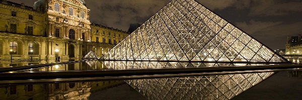 Muzeum, Paryż, Odbicie, Woda, Luwr, Pałac, Noc, Francja