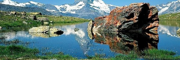 Jezioro, Góry, Skały, Szwajcaria, Matterhorn
