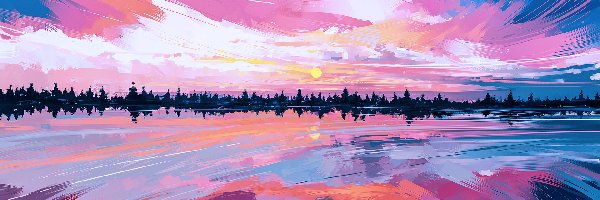 Jezioro, Paintography, Drzewa, Wschód słońca