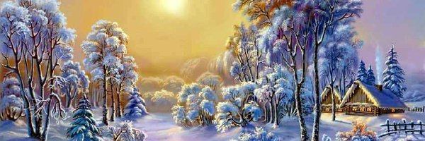 Domki, Zima, Śnieg, Drzewa