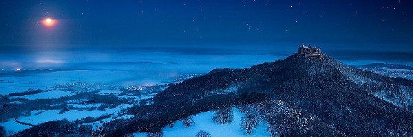 Góry, Noc, Zima, Hohenzollern, Zamek