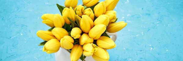 Bukiet, Kwiaty, Żółte, Kubek, Tulipany