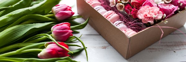 Ciasteczka, Róże, Pudełko, Deski, Tulipany, Kwiaty