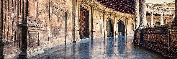 Hiszpania, Krużganek, Kolumny, Korytarz, Pałac Alhambra, Granada, Architektura