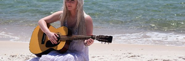 Gitara, Biała, Sukienka, Morze, Blondynka, Kobieta