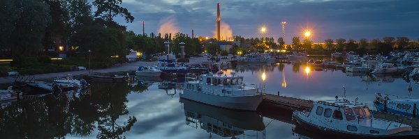 Finlandia, Motorówki, Świt, Sapokka Harbor, Przystań, Kotka, Światła