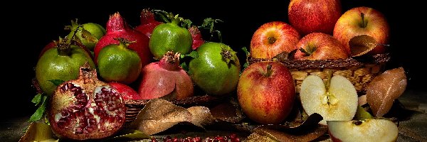 Owoce, Jabłka, Granaty, Blat, Liście