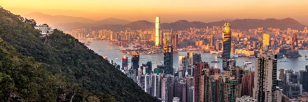 Hongkong, Delta Rzeki Perłowej, Wieżowce, Chiny, Zachód słońca