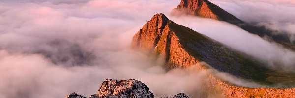 Góry, Mgła, Szczyty, Norwegia, Wyspa Senja