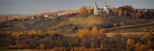 Jesień, Drzewa, Wzgórze, Cerkiew, Domy