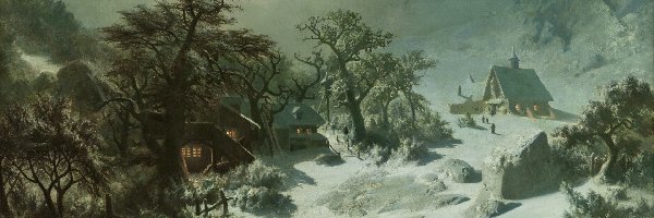 Zima, Malarstwo, Drzewa, Postacie, Adolf Kosarek, Śnieg, Domy, Obraz