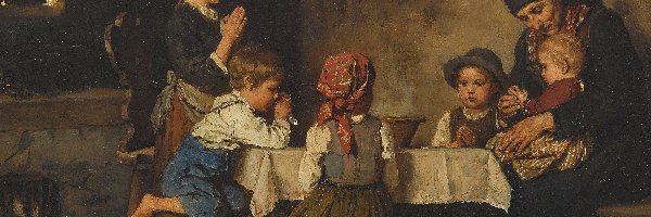Dzieci, Obraz, Modlitwa, Stół, Franz von Defregger, Kobieta, Rodzina, Malarstwo