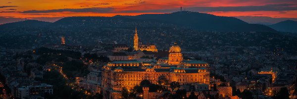 Budapeszt, Zamek Królewski, Wzgórza, Węgry, Oświetlony, Zachód słońca