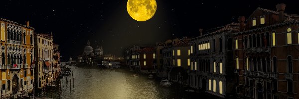Włochy, Domy, Noc, Canal Grande, Kanał, Wenecja, Księżyc