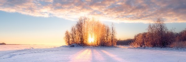 Zima, Drzewa, Pola, Zachód słońca, Chmury