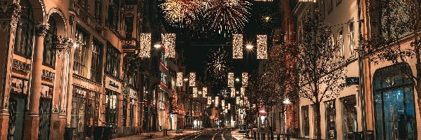 Boże Narodzenie, Fajerwerki, Dekoracja, Domy, Uliczka, Niemcy, Turyngia, Oświetlenie, Erfurt
